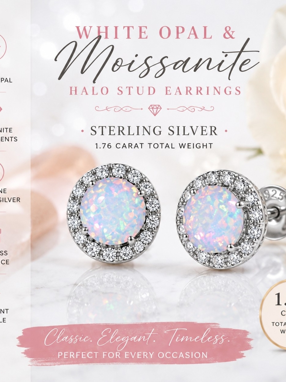 1.76 CTTW White Opal & Moissanite Halo Stud Earrings | Sterling Silver | 6mm |
